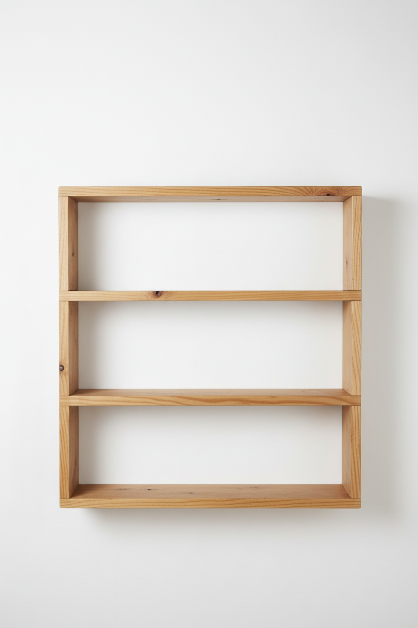 Doğal ahşap üç raflı rustik duvar rafı